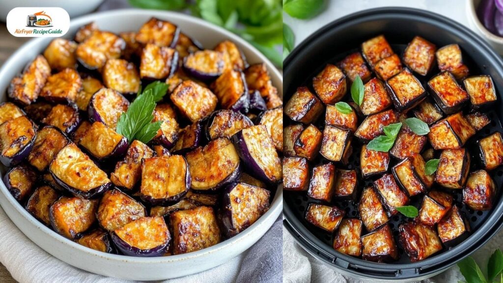 Crispy golden air fryer eggplant cubes with fresh basil garnish