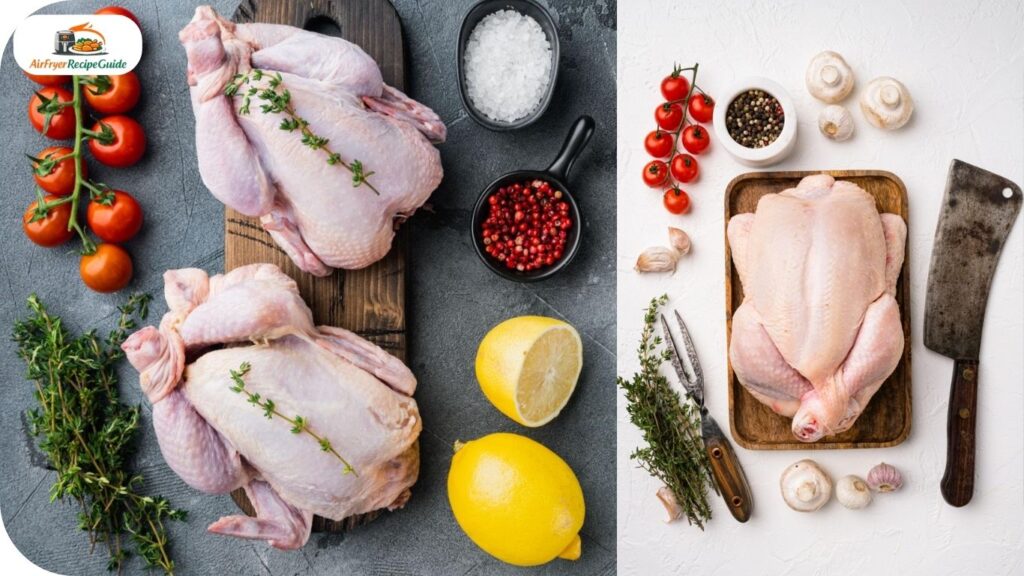 Whole chicken with olive oil spices lemon and herbs on countertop
