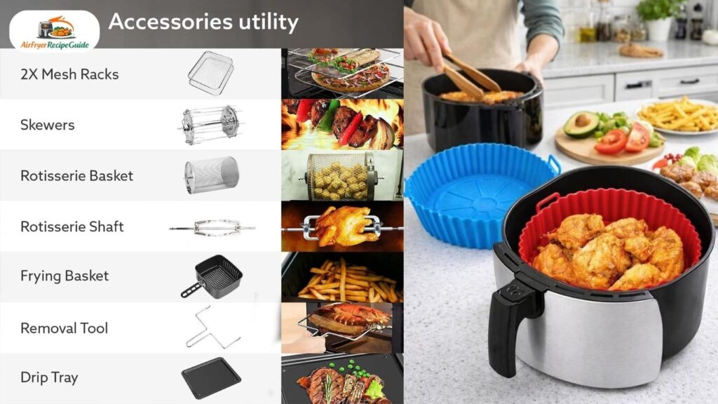 Air fryer, meat thermometer, tongs and mixing bowl arranged on kitchen counter.