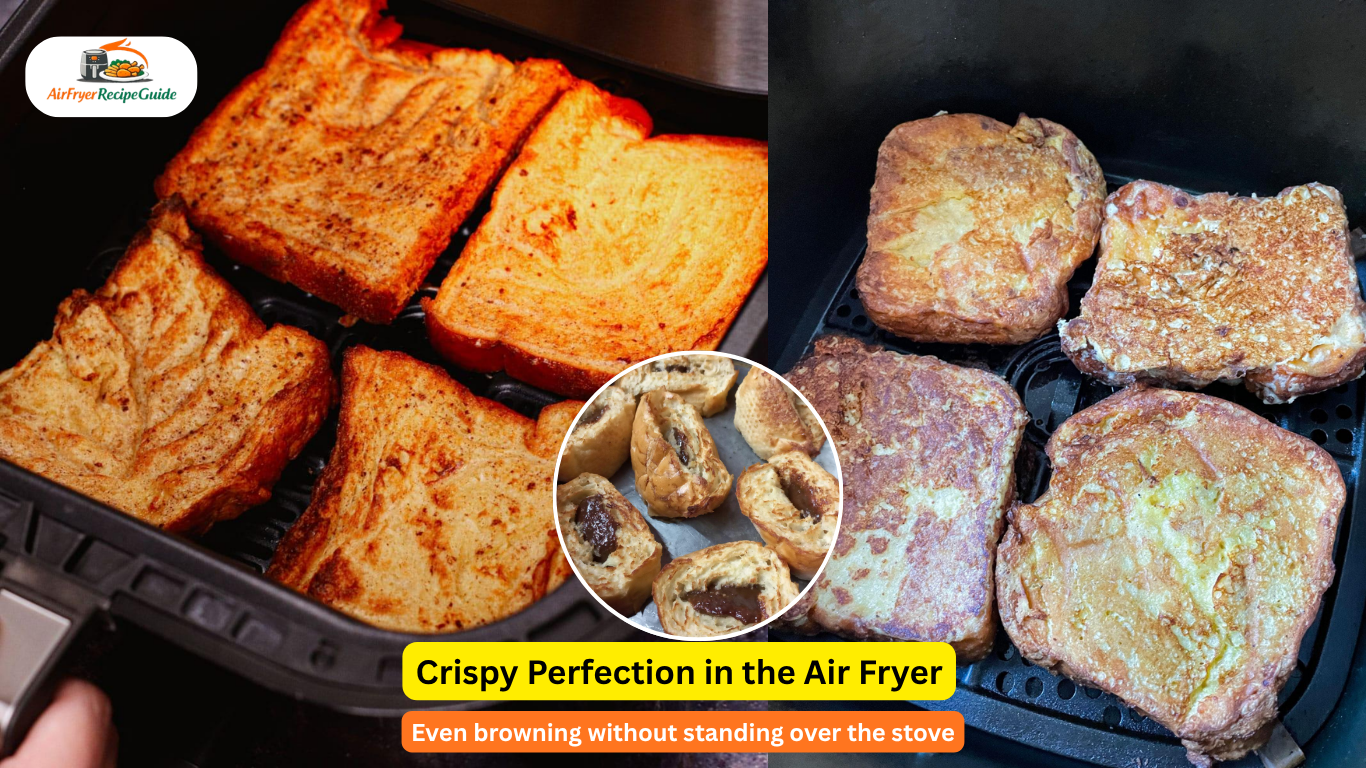 French toast slices cooking inside an air fryer basket with crispy golden edges.