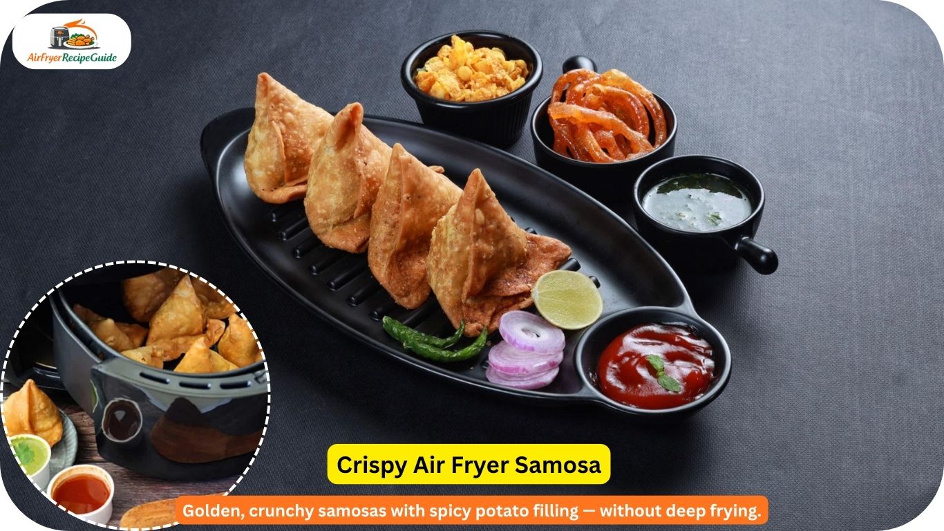 Golden crispy air fryer samosas served with green chutney