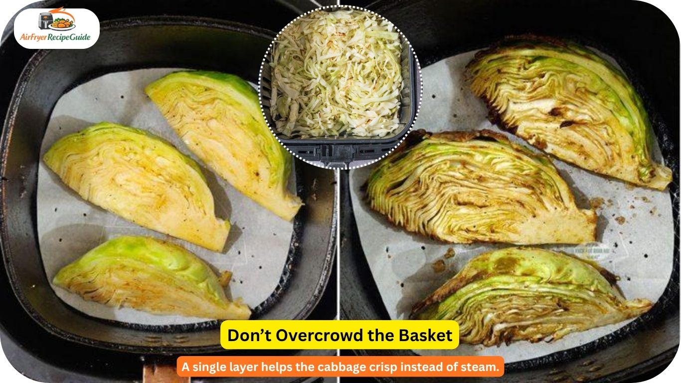 Cabbage cooking in air fryer basket