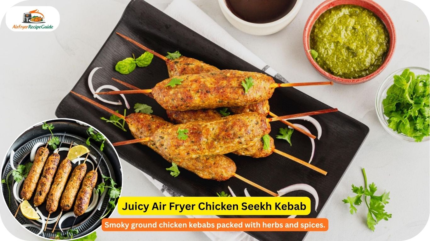 Juicy chicken seekh kebabs with onion rings and chutney