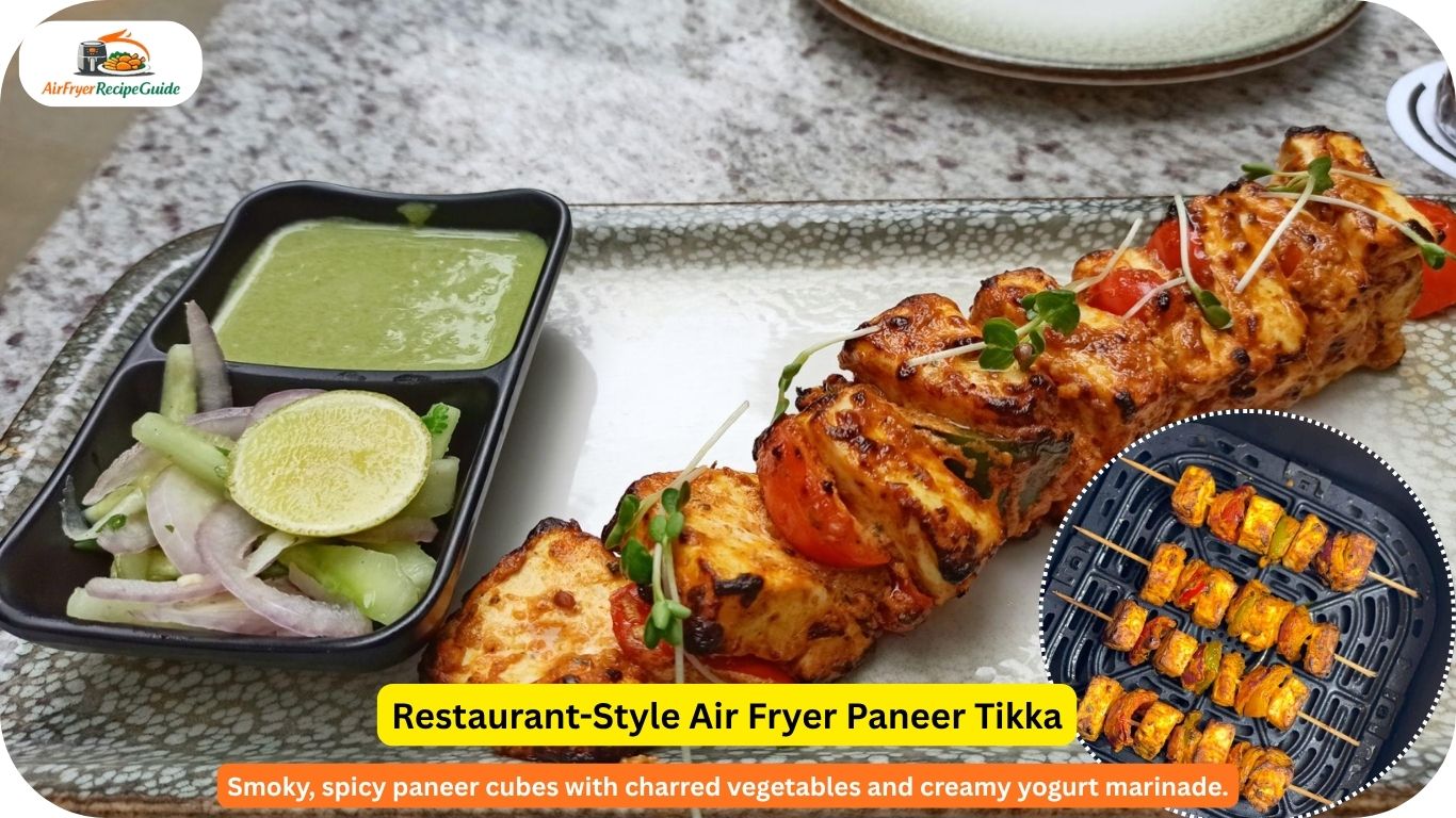 Air fryer paneer tikka skewers with onions and bell peppers