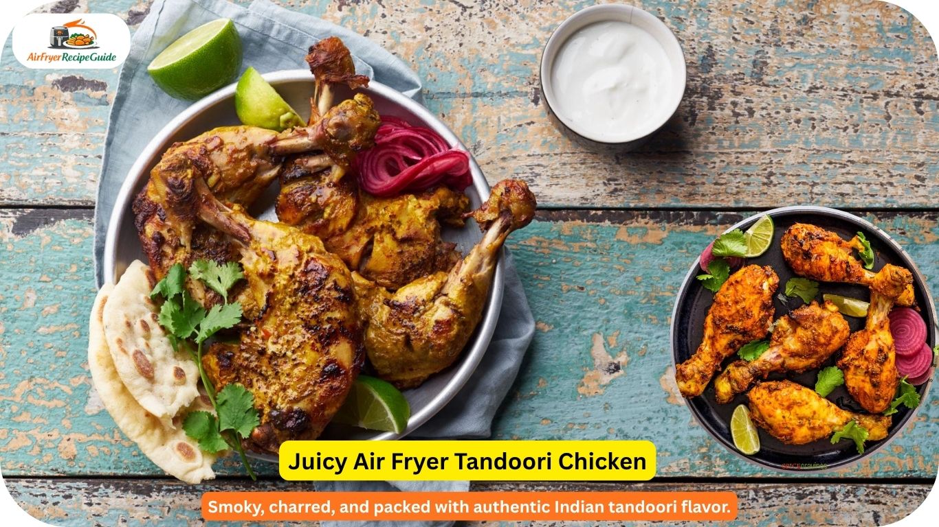 Air fryer tandoori chicken with charred edges and onion salad