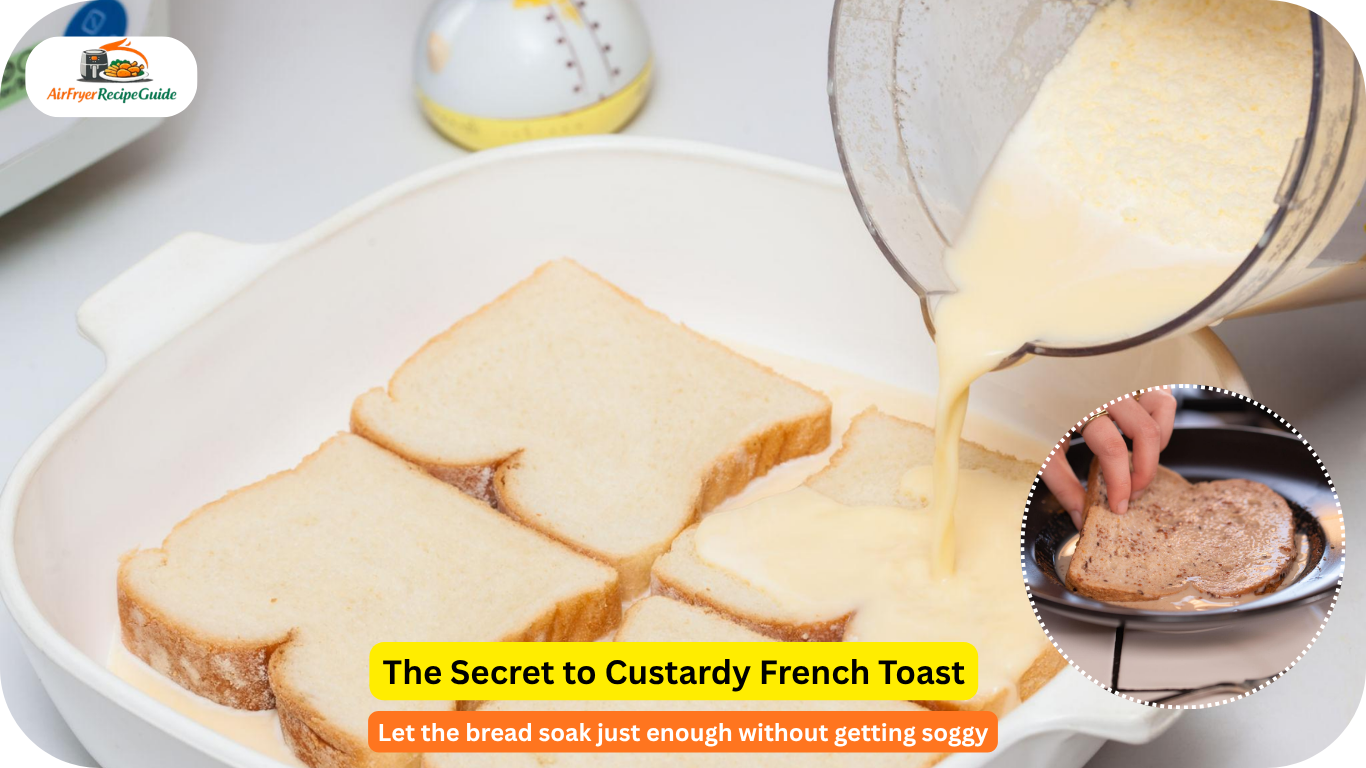 Hands dipping thick brioche bread into cinnamon vanilla egg mixture for French toast.