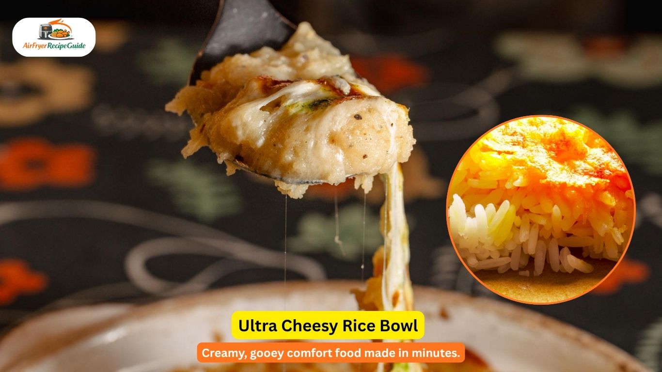 Cheesy rice bowl with melted cheddar and mozzarella