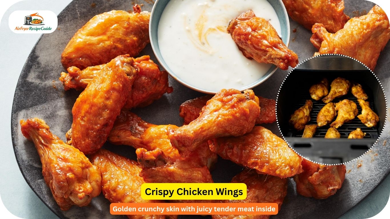 Crispy golden air fryer chicken wings close up