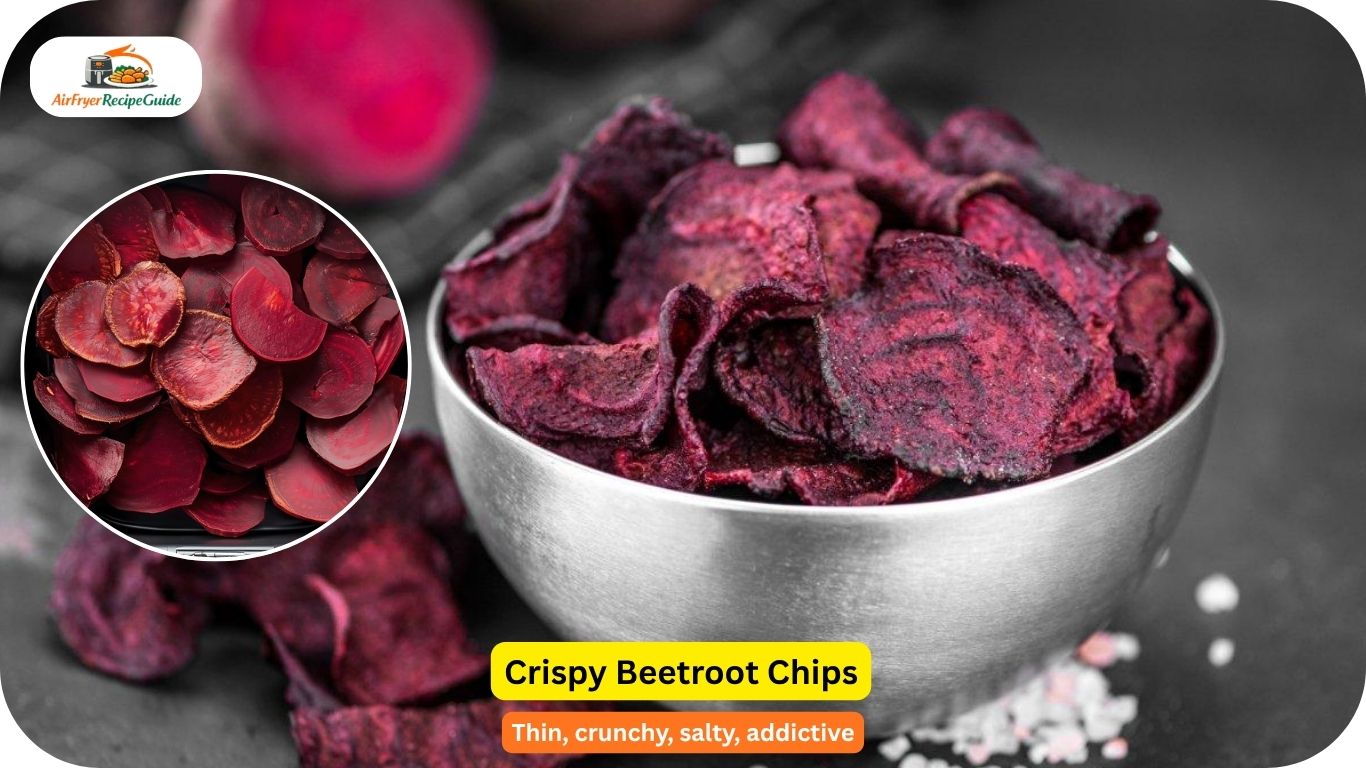 Thin crispy air fryer beetroot chips in serving bowl