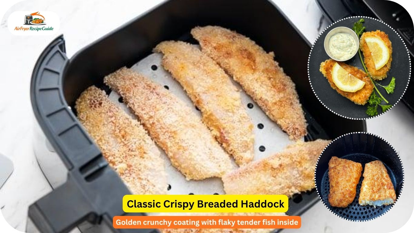 Crispy breaded haddock fillets cooked in an air fryer