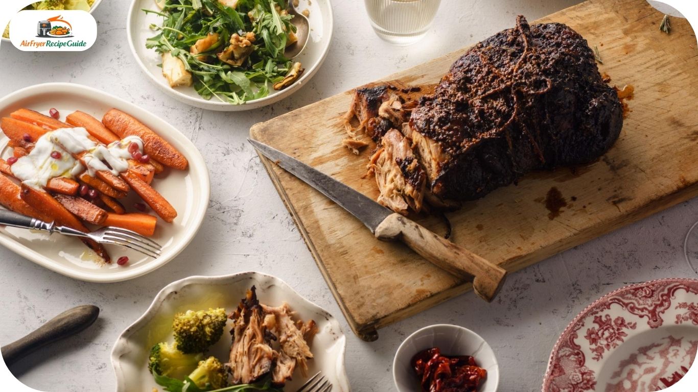 air fryer pork roast dinner with side dishes