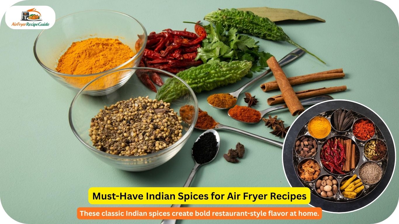 Indian spices including cumin turmeric garam masala and Kashmiri chili