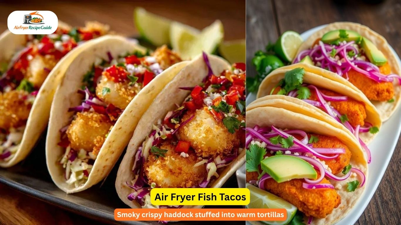Fish tacos filled with crispy haddock cabbage and avocado