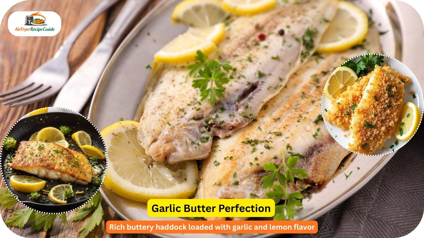 Garlic butter haddock fillets with parsley and lemon slices