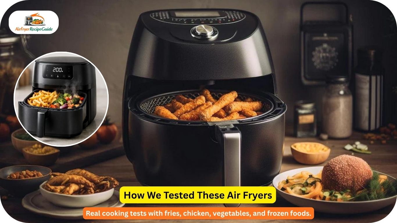Air fryer cooking test with fries chicken and vegetables