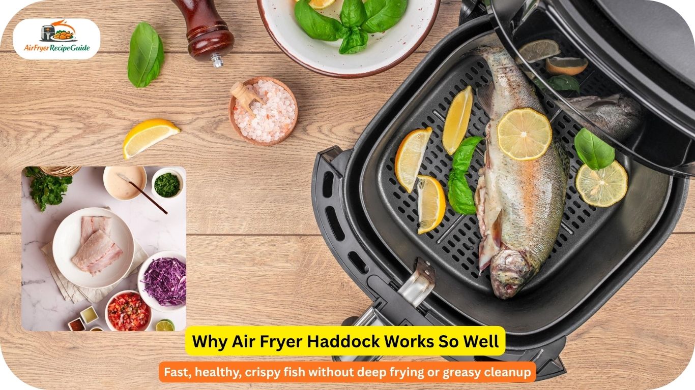 Flat lay of haddock recipe ingredients including lemon garlic breadcrumbs and spices