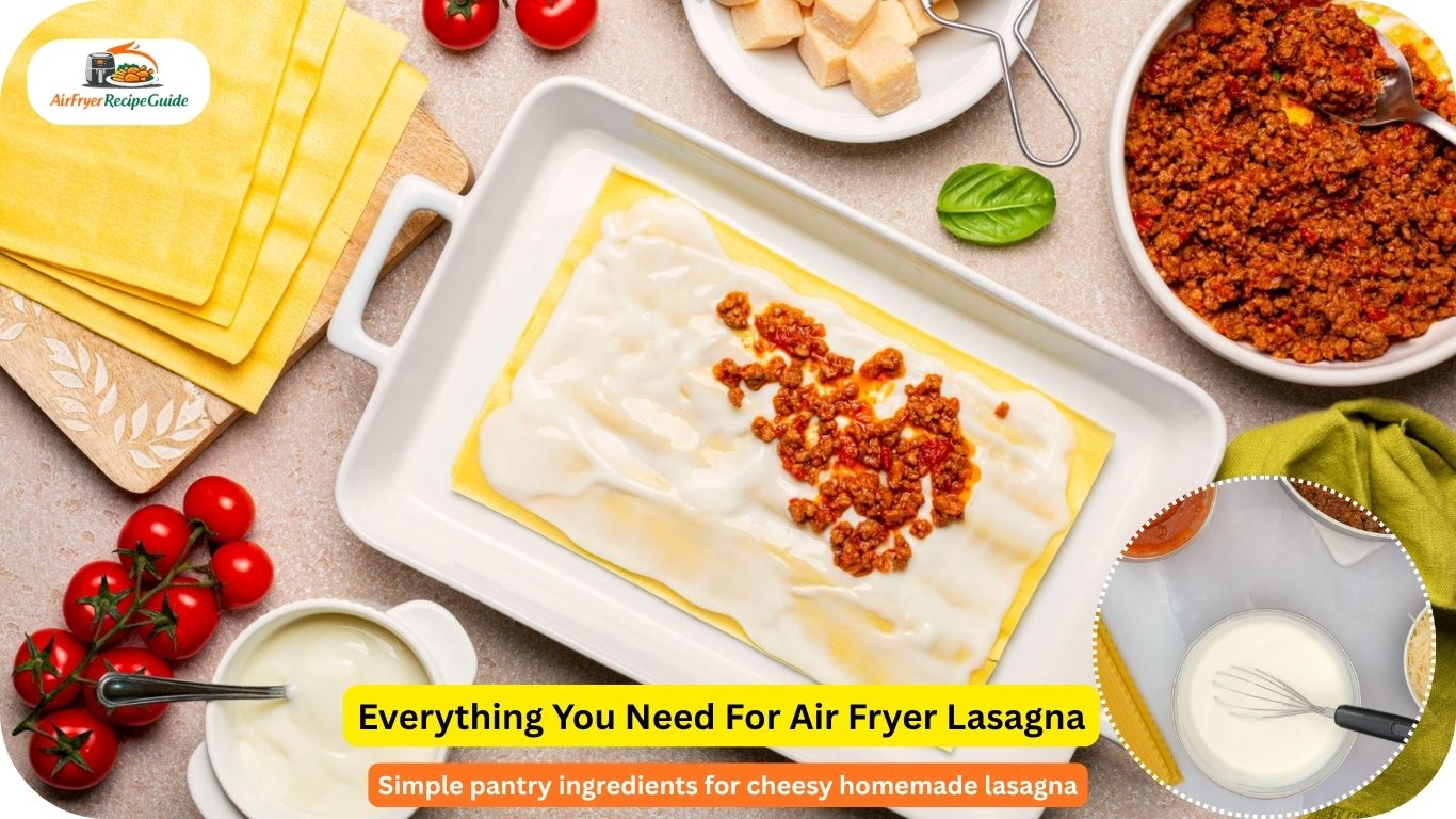 Lasagna ingredients flat lay with noodles cheese beef and marinara