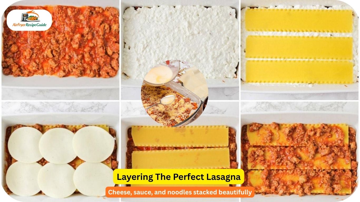Layering lasagna noodles ricotta and meat sauce in baking pan