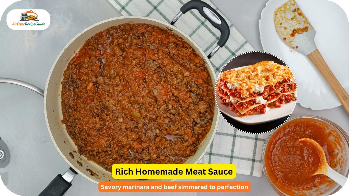 Ground beef cooking in a skillet with marinara sauce