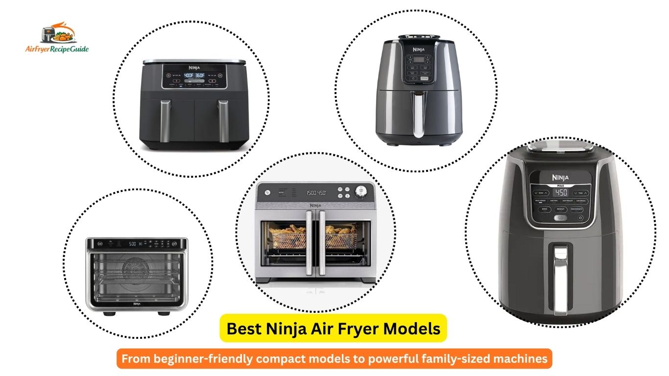 Different Ninja air fryer models on kitchen counter