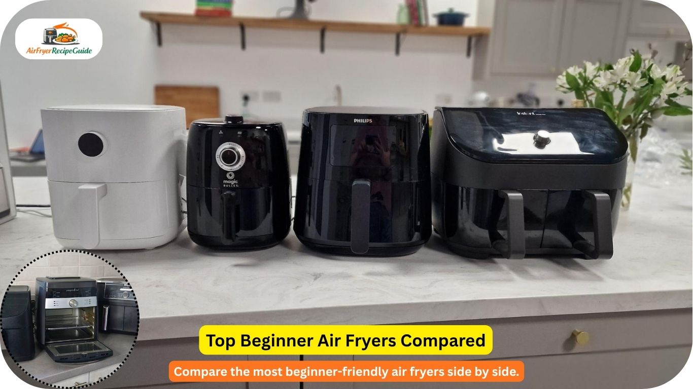 Multiple popular air fryers lined up together on kitchen counter