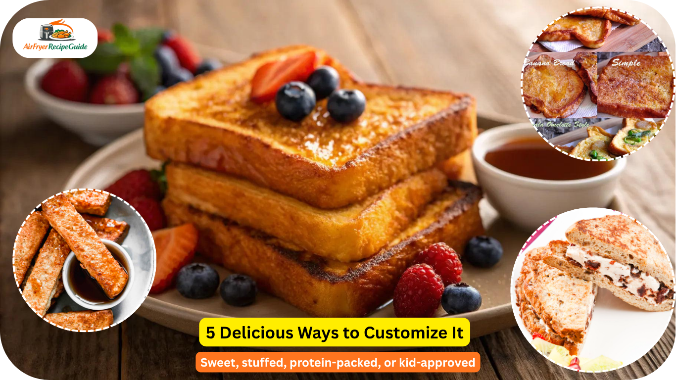 Collage showing different air fryer French toast variations with toppings and fillings.