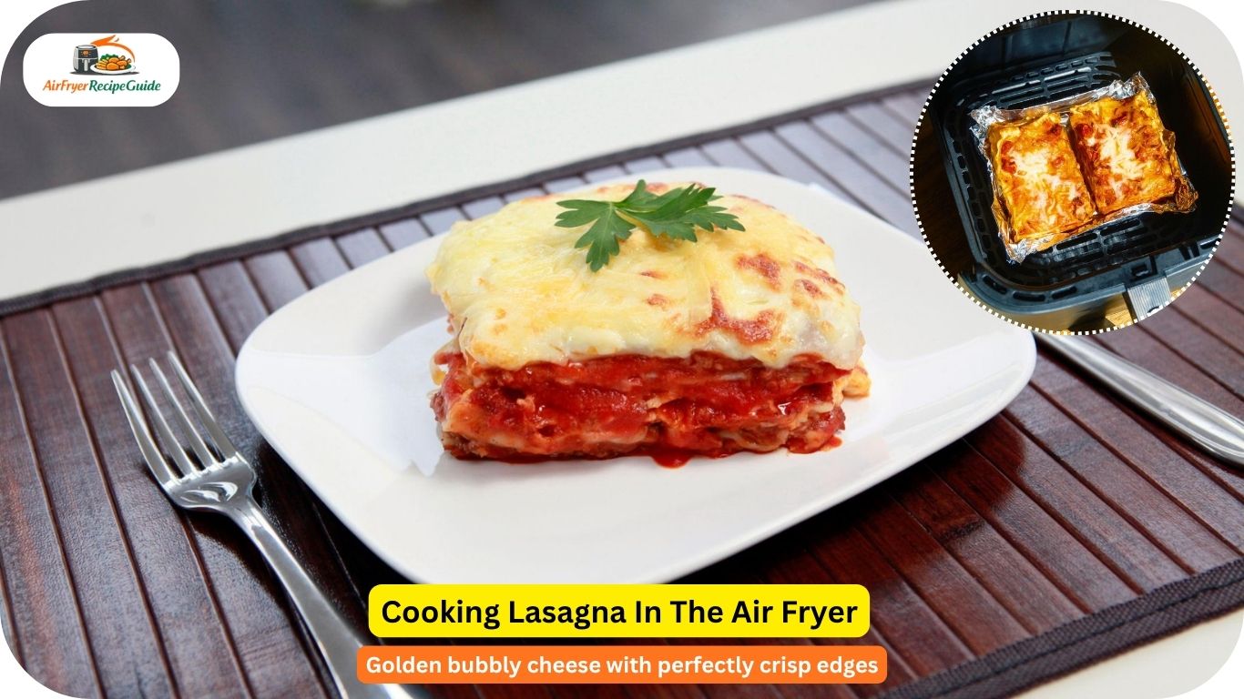 Serving homemade air fryer lasagna on white plate