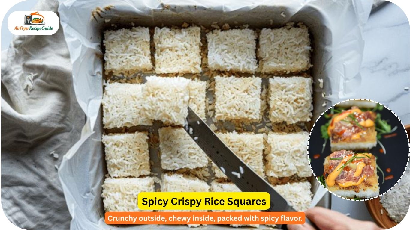 Golden crispy rice squares with spicy sauce