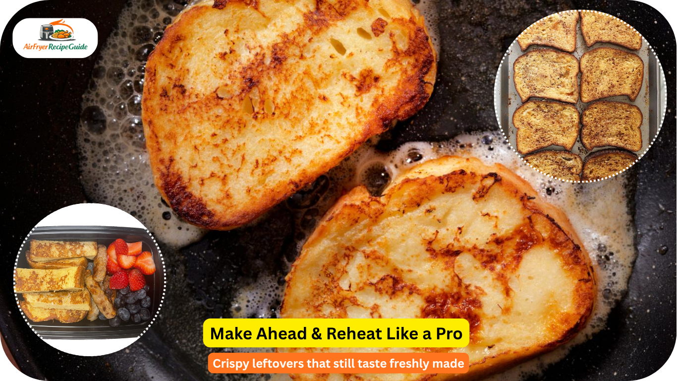 Meal prep containers filled with air fryer French toast slices ready for reheating.