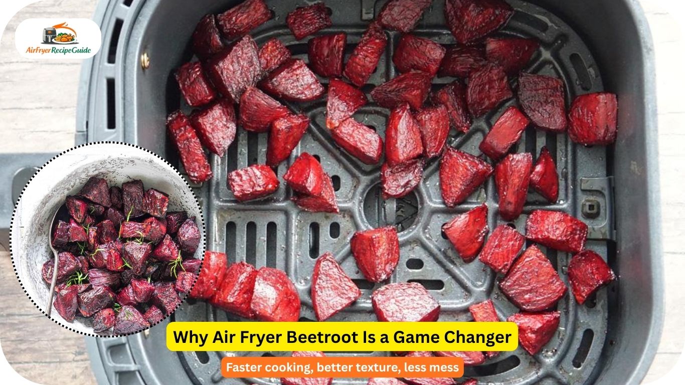 Caramelized roasted beetroot cubes inside air fryer basket