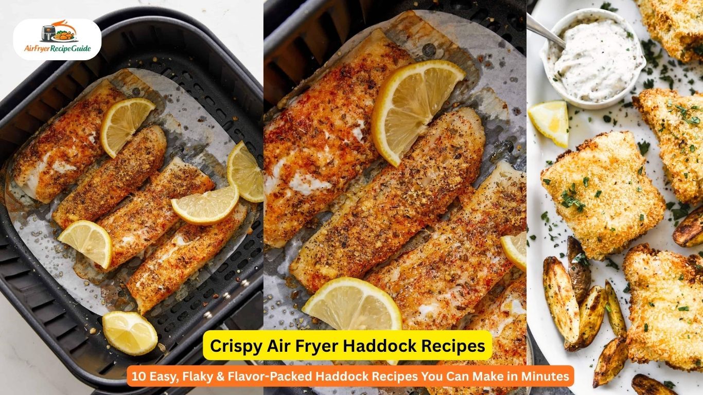 Healthy crispy haddock made in an air fryer with vegetables and lemon