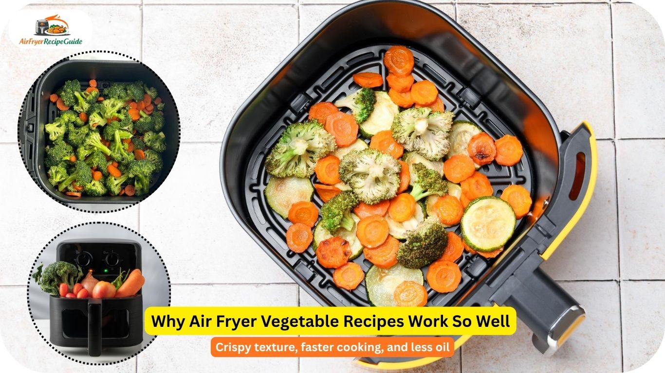 Vegetables cooking inside air fryer basket