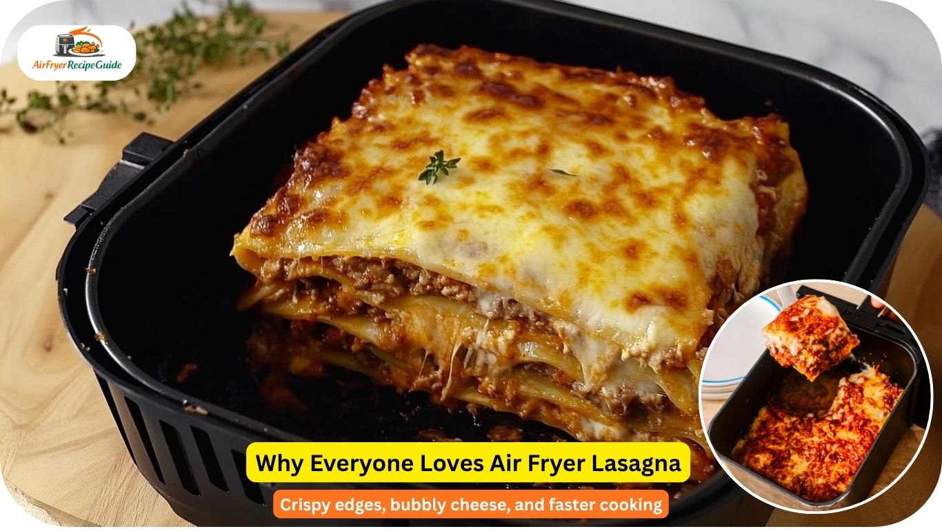 Air fryer lasagna slice showing crispy cheesy layers