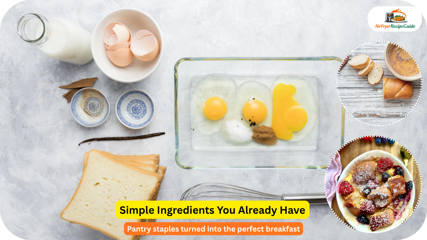 Flat lay of ingredients for air fryer French toast including bread, eggs, milk, cinnamon, and vanilla.