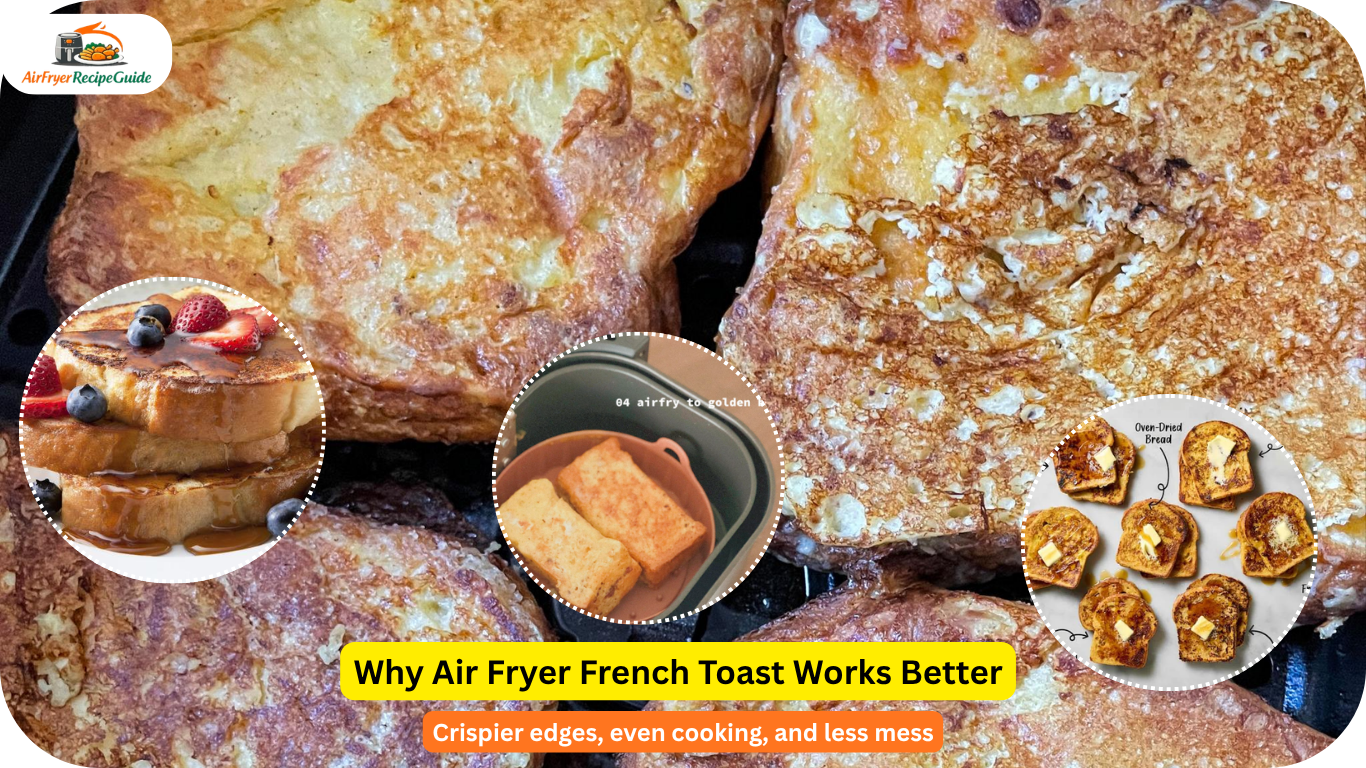 Comparison of stovetop French toast and crispy air fryer French toast showing texture differences.