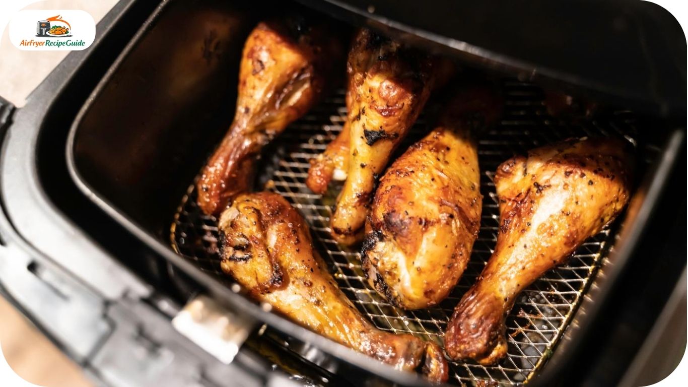 Chicken drumsticks cooking inside an air fryer basket