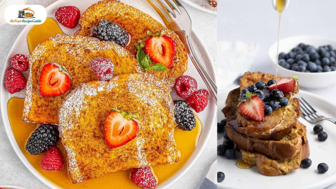 Golden french toast slices dusted with powdered sugar and berries