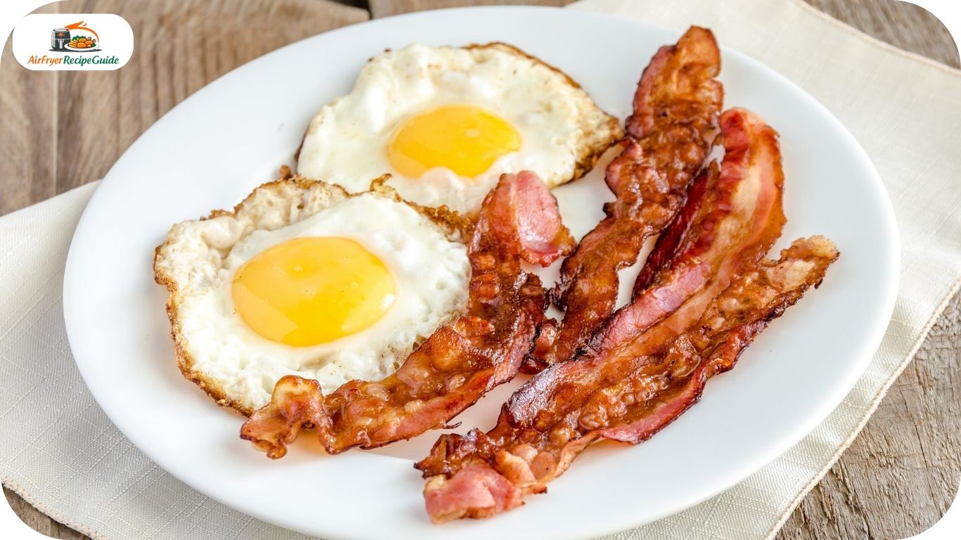 Crispy bacon strips and sunny side up eggs on white plate