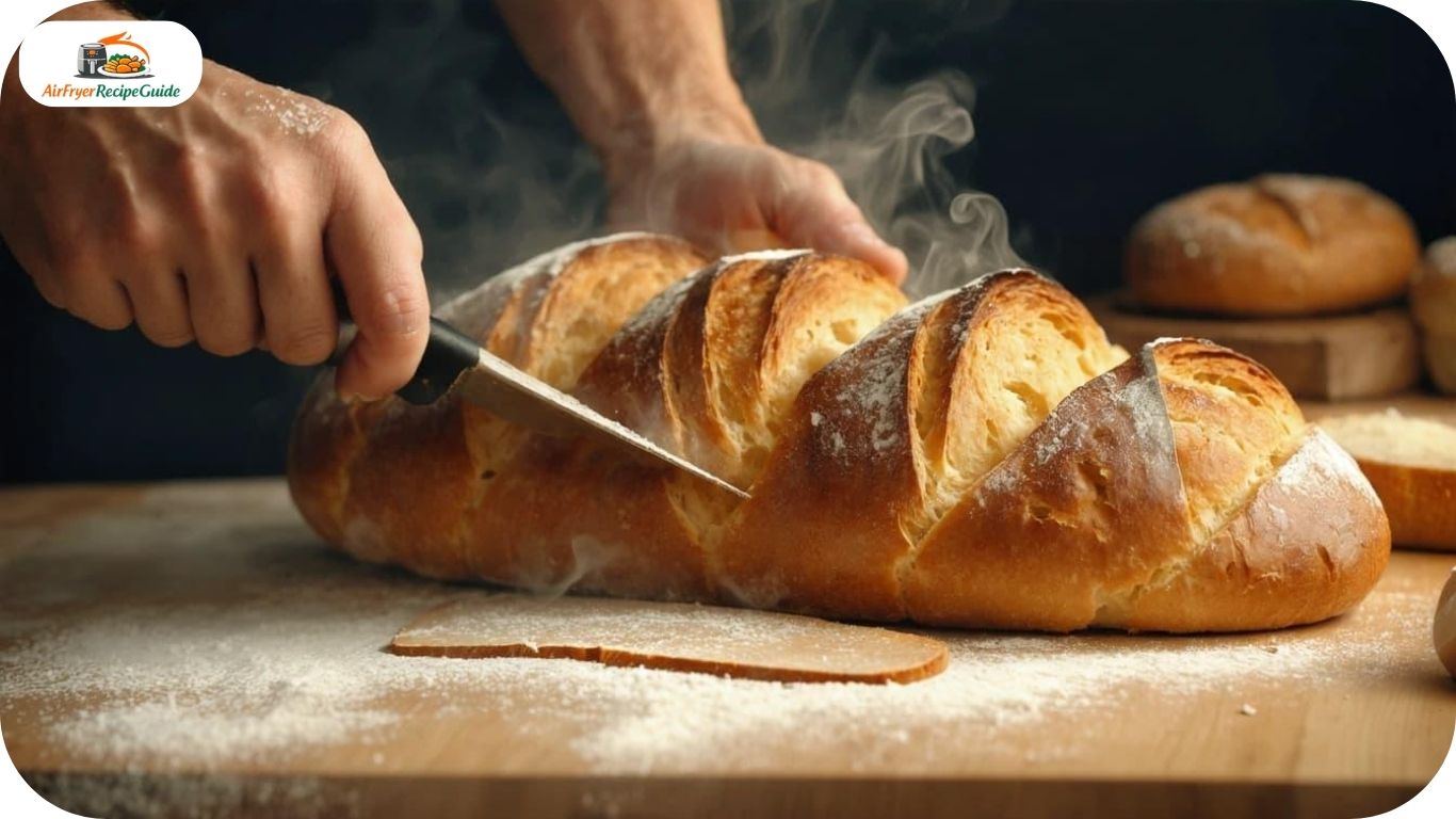 Warm homemade bread sliced on wooden board with visible steam