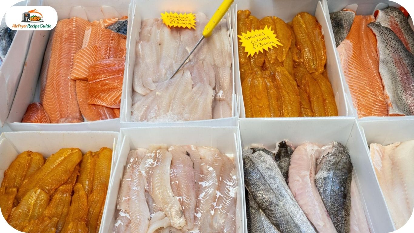 Different fish varieties including cod salmon tilapia haddock and mahi mahi