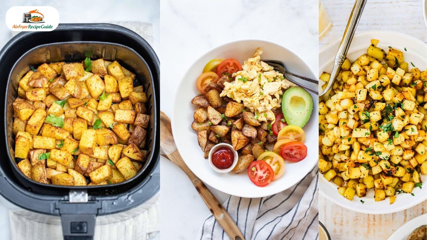 Crispy diced breakfast potatoes with herbs in serving bowl