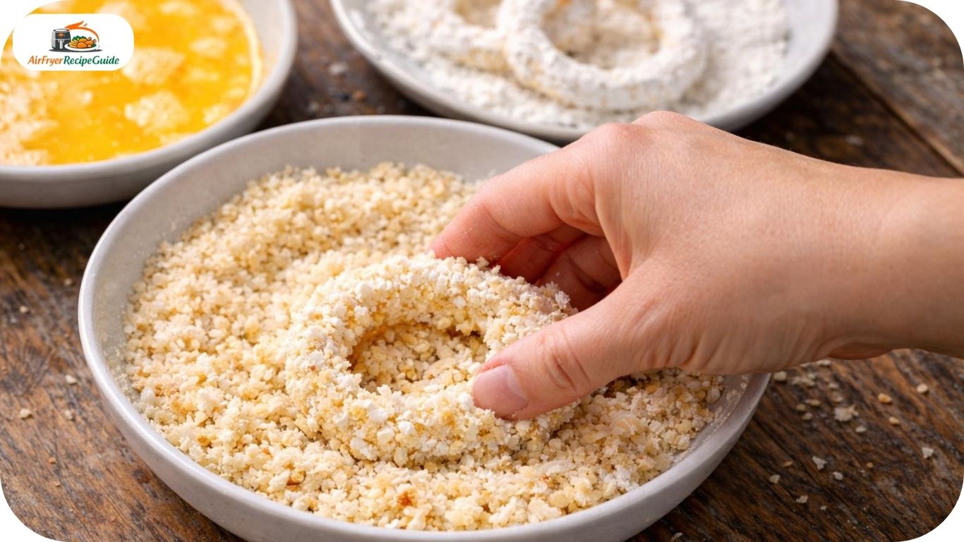 Onion ring being coated in panko breadcrumbs by hand