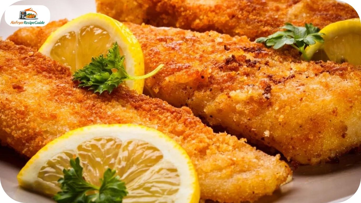 Golden crispy air fryer cod fillets served with fresh lemon wedges
