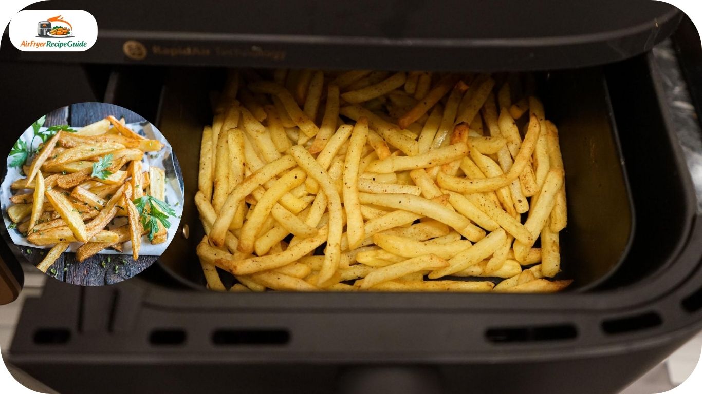 Golden crispy French fries coming out of air fryer basket