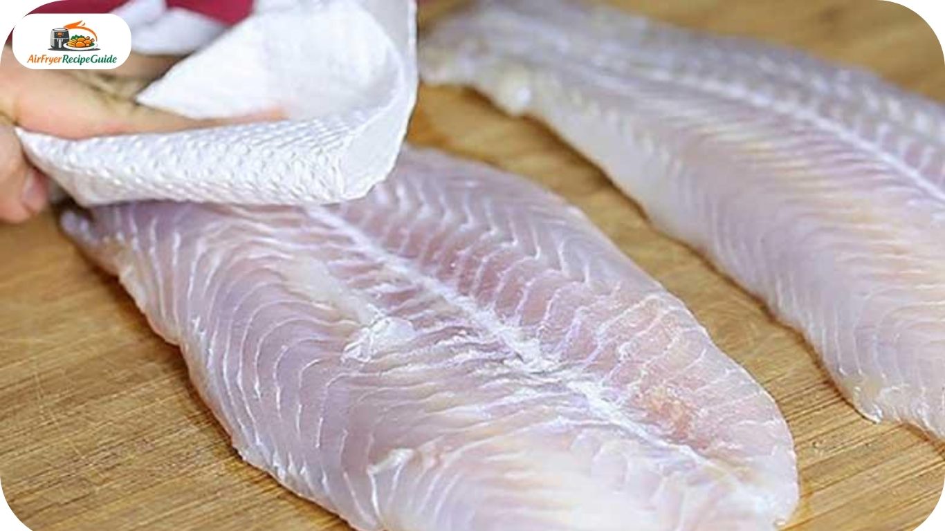 Hands patting cod fillets dry with paper towels before seasoning.