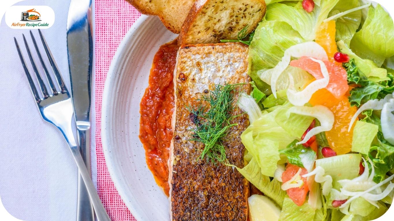 Garlic bread slices and air fryer salmon fillets