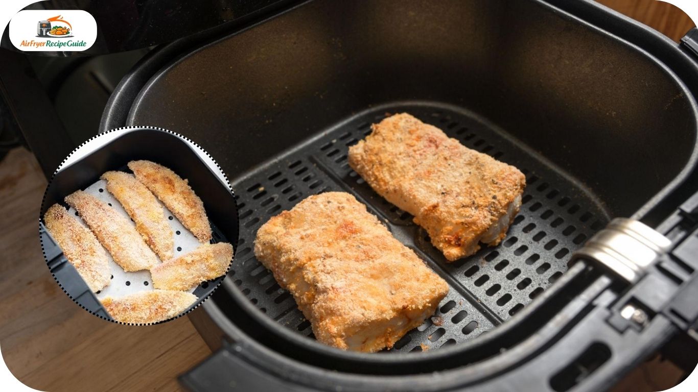 Breaded fish fillets being placed into air fryer basket