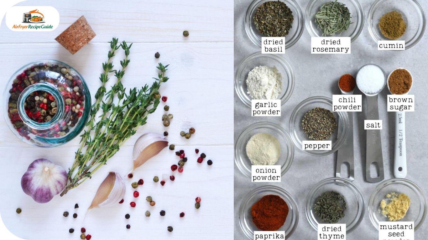 Seasoning bowls with herbs paprika garlic powder and lemon