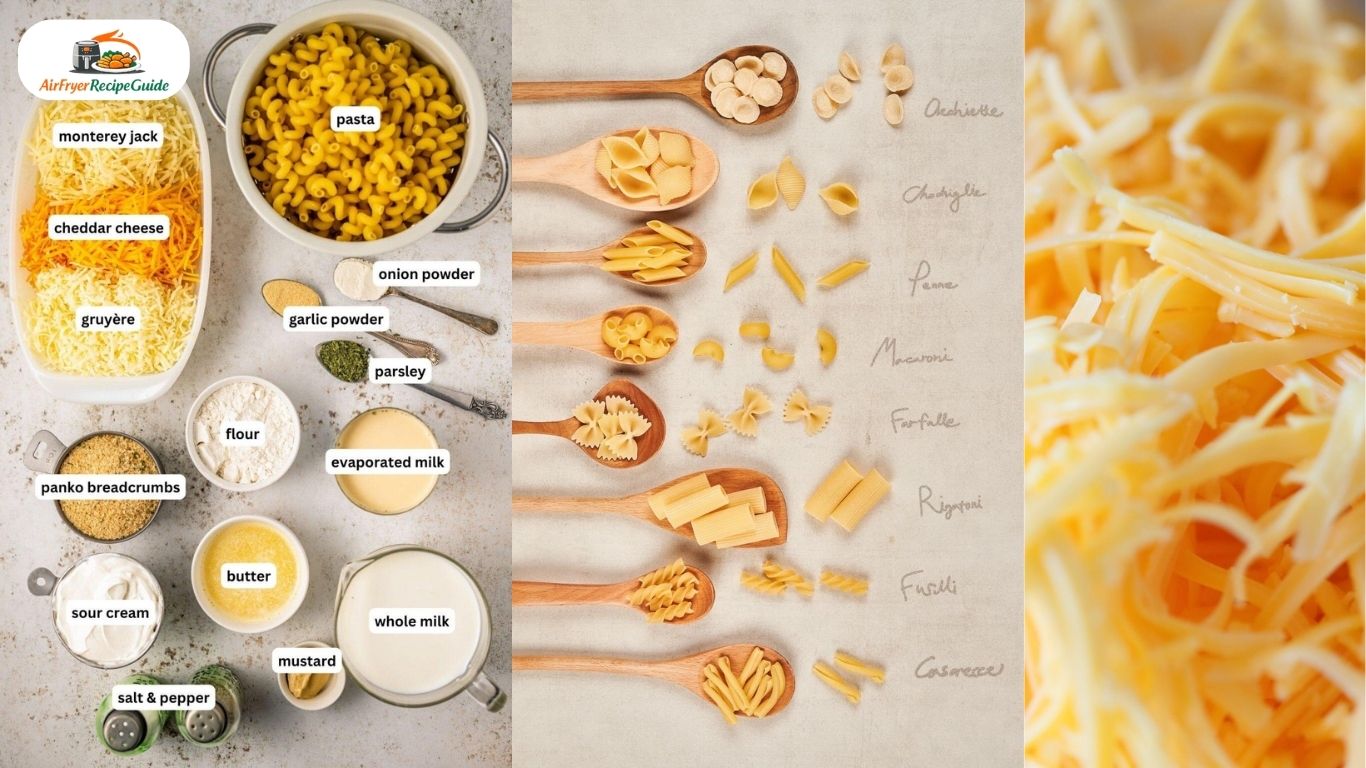 Different cheeses and pasta varieties for mac and cheese