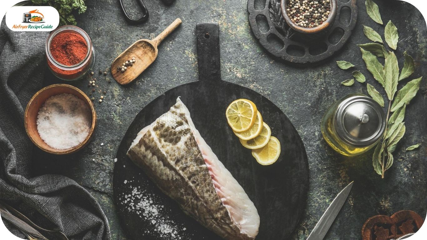 Raw cod fillets surrounded by paprika, garlic powder, lemon, parsley and olive oil.